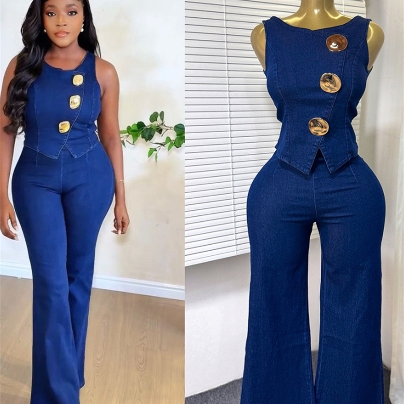 GLCMYAYA Fashion Denim Womens Set Sleeveless Button Tank Tops and Wide Leg Jeans Pants Sets 2025 Holiday Two 2 Piece Set Outfit 250828
