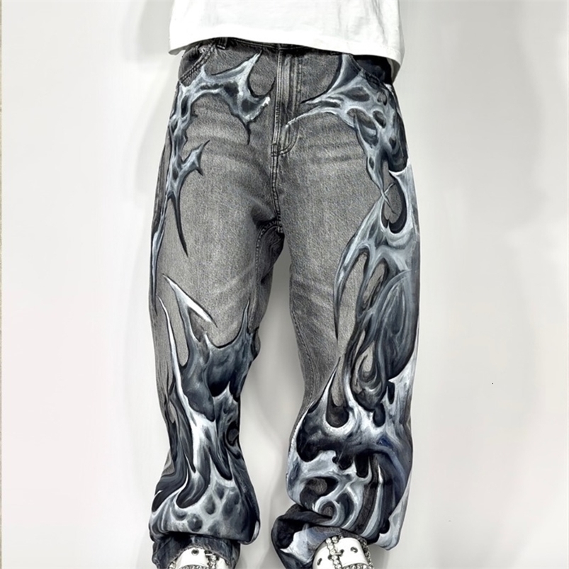 Vintage Mens Baggy Black Jeans Summer Gothic Cross Graffiti Straight Denim Pants High Street Women Casual Wide Leg Trousers250828