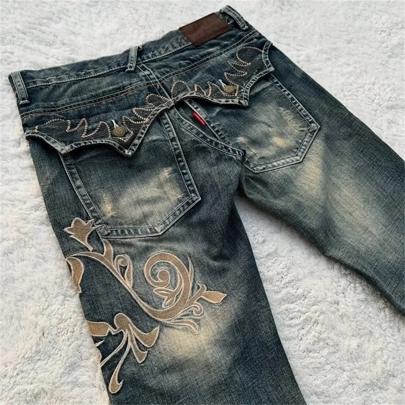 Y2K Harajuku Retro American Jeans for Mens Gothic HipHop Street Casual Baggy Blue Jeans Trendy Versatile Flared Jeans250828
