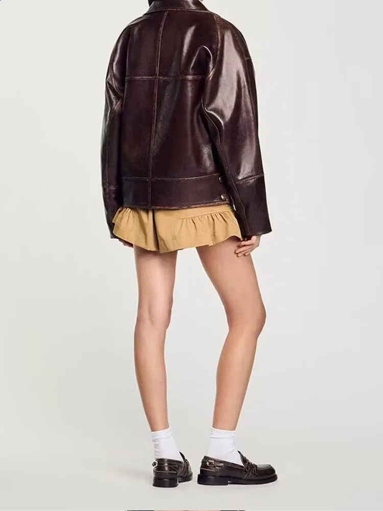 Retro Street Leather Jackets Women V Neck Long Sleeves Two Button Pu Coats Female 2025 Autumn Chic Fashion Solid Streetwears 250828