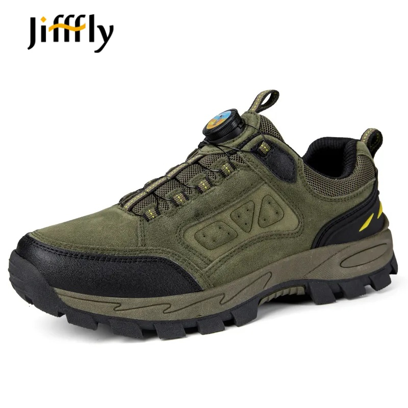 Jifffly Men's Hiking Shoes, Genuine Leather Mountaineering Boots with Breathable Mesh Lining - Lug Sole, Hook-and-Loop Closure, Olive Green, Medium