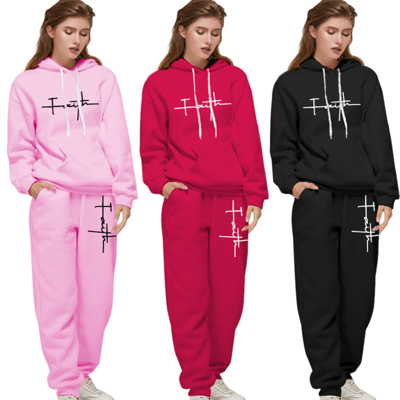 Womens Casual Tracksuit 2pcs Set Hoodie and Sweatpants Faith Printed Sportswear High Quality Ladies Home Outdoor Fashion Outfit 250828