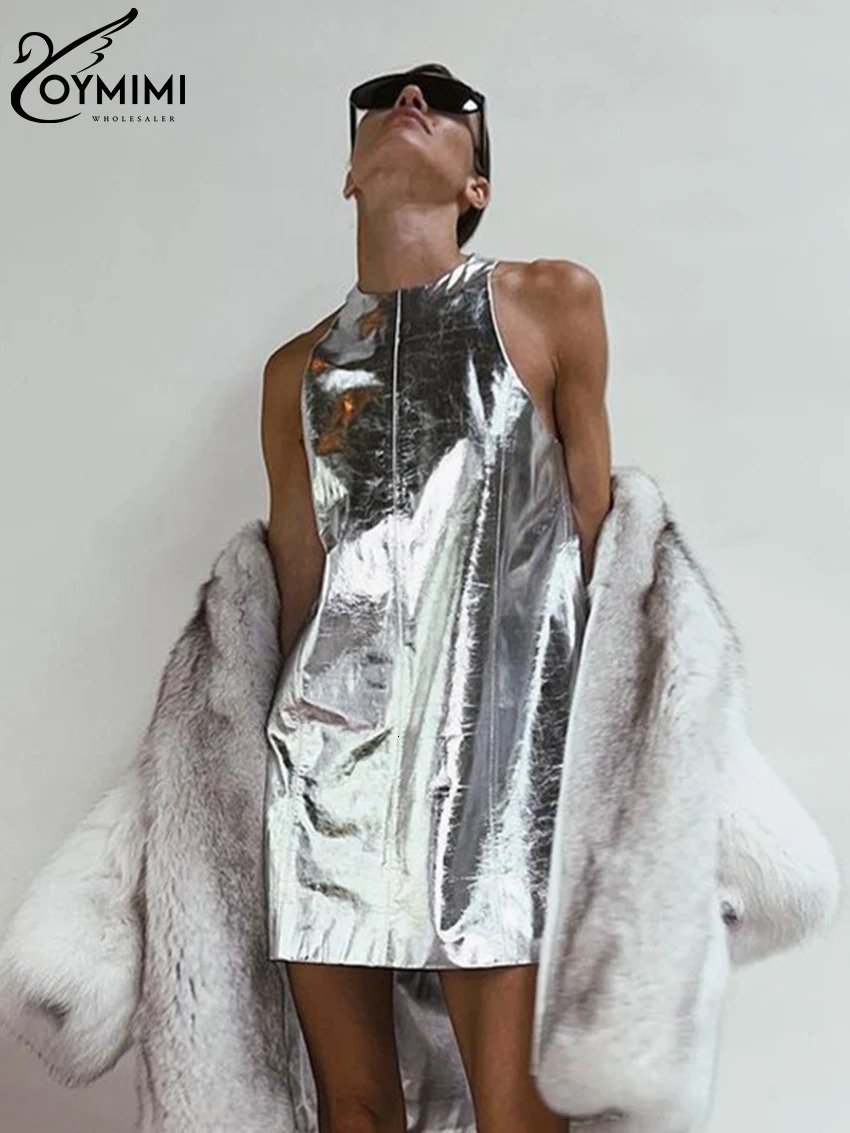 Oymimi Sexy Sliver Sliver PU Robe en cuir dames bodycone oneck sans manches élégant classicc robes de fête pour femmes 2023 250829