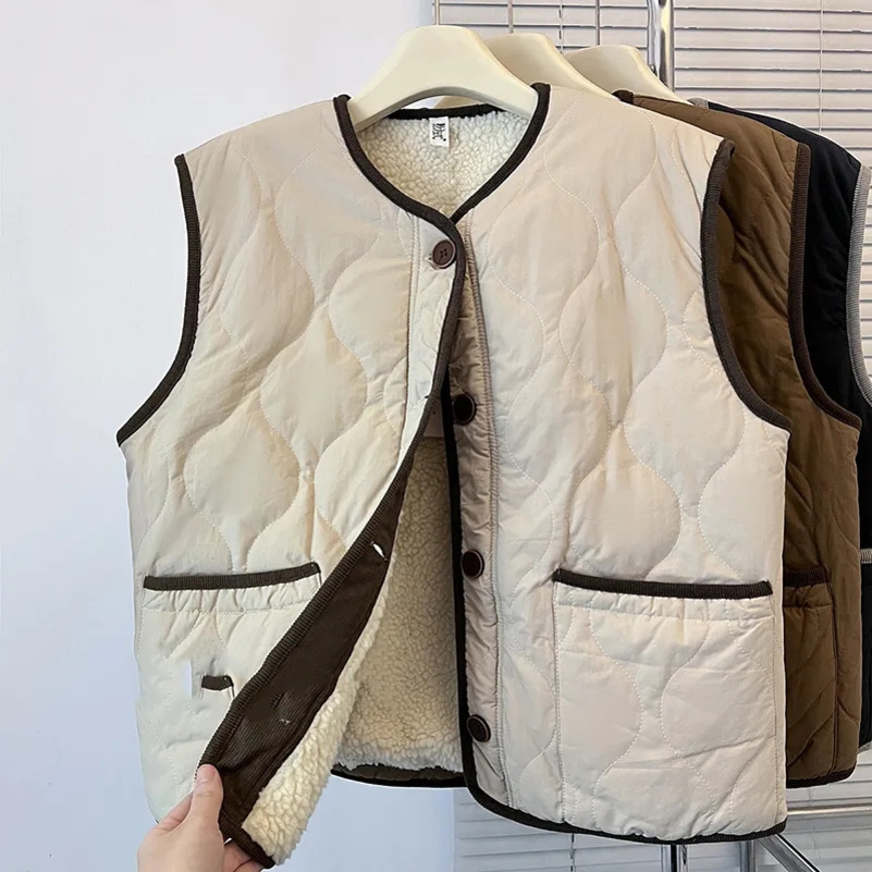 Lazy Wind Female Loose Thickening Sleeveless Autumn Winter Ladies Solid Color Waistcoat Korean Women Fashion Lamb Wool Vest Coat 250828