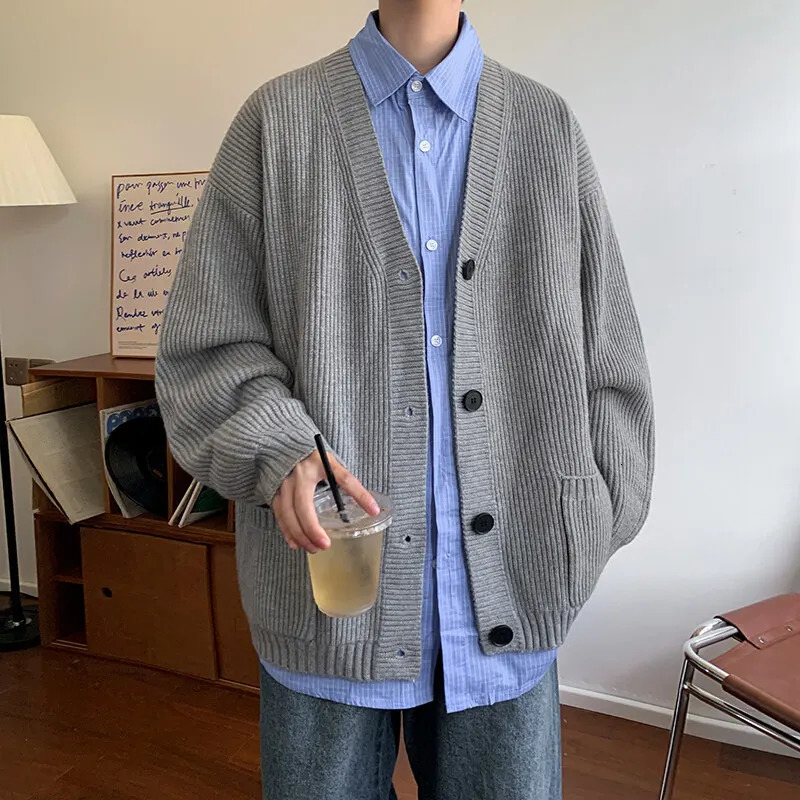 Korean style cardigan Vneck wool sweater jacket fashionable long sleeved single breasted casual loose wool sweater 250829BJ