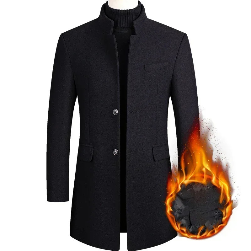 BROWON Business Casual Trench Coat Men Chinese Style Solid Color Winter Coat Men Autumn and Winter Wool Coat for Men 250923