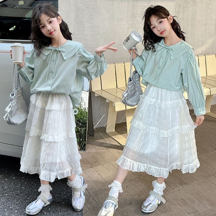 D273 Girls&#039; temperament dress suit 2025 new style for middle and large children&#039;s double collar puff sleeve shirt cake skirt two-image-1073197246