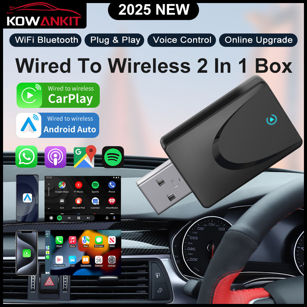KOWANKIT Wireless CarPlay Android Auto Ai Box, Plug & Play Dongle Converts Wired To Wireless, No Delay, 2in1 Car Accessories, K1-image-1054388591