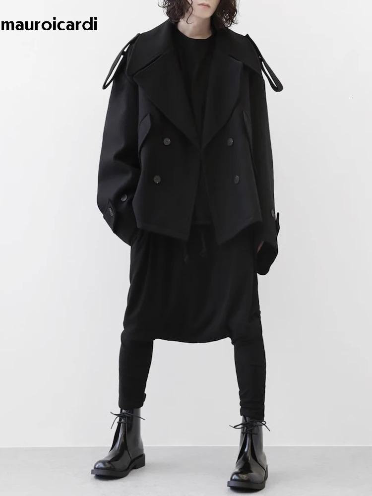 Mauroicardi Autumn Winter Warm Oversized Black Woolen Coat Men Cool Loose Dark Academia Aesthetic Vintage Clothes 250923