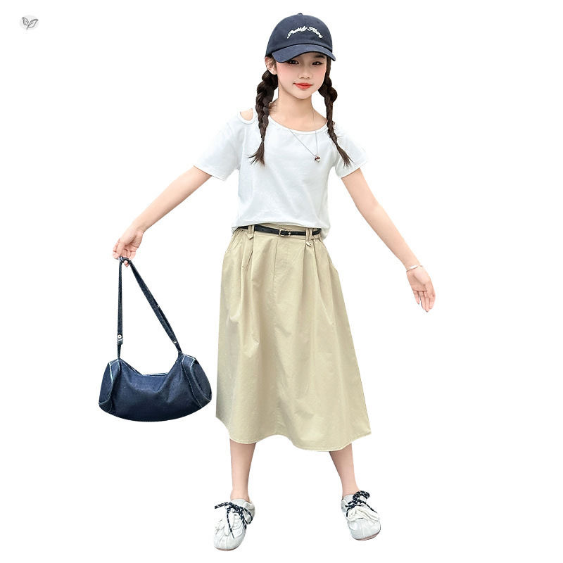 D280 Girls 2025 summer new suits stylish T-shirt skirts medium and large children&#039;s short-sleeved trendy T-shirt work skirt two-piece suit-image-1073262216