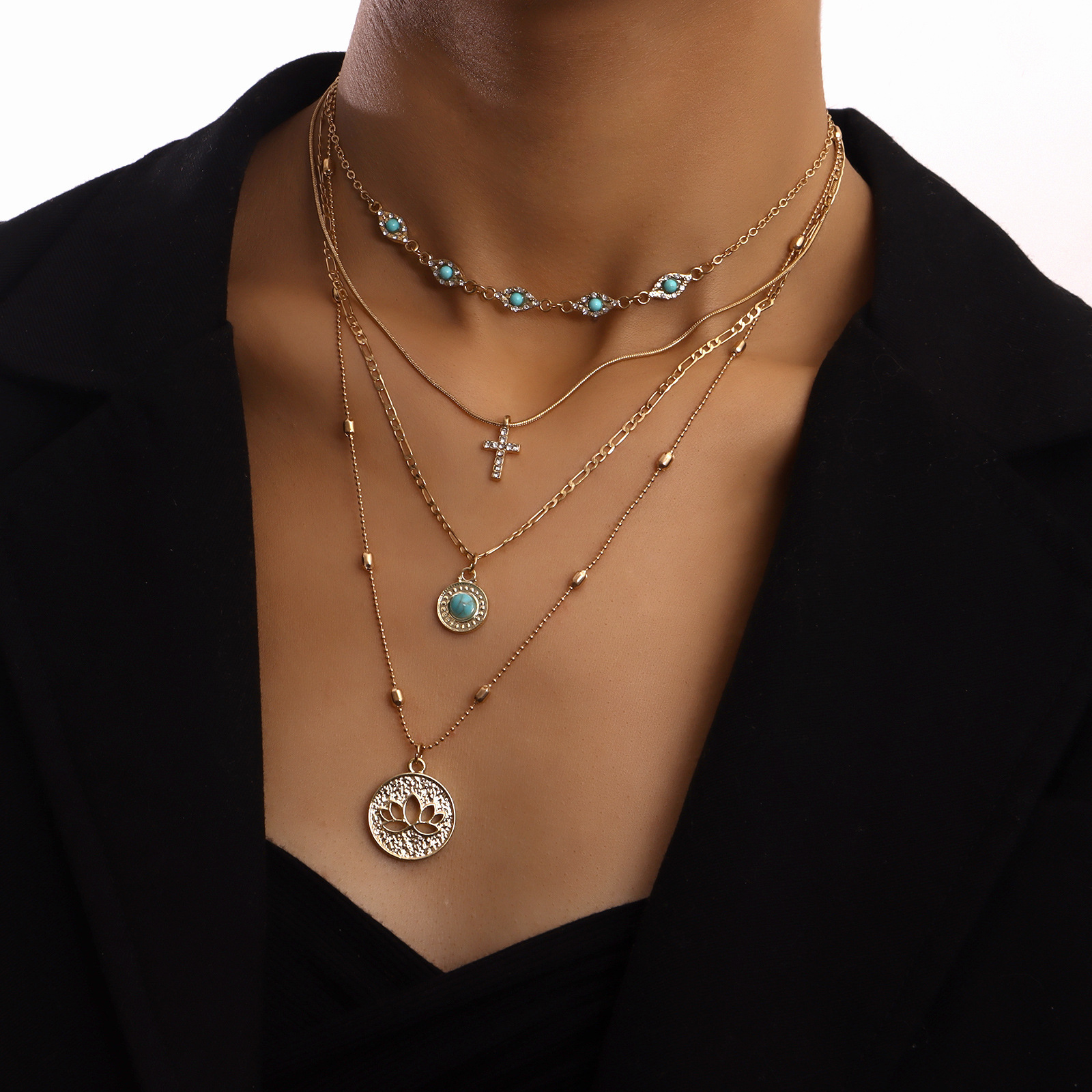 Bijoux mode multicouche multicoule de petite chaîne de trous fleur creuse incrustée dia croix pendentif collier pour femmes