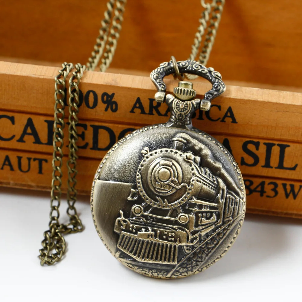 New Fashion Retro Bronze Train Locomotive Engine Quartz Pocket Watch Necklace Pendant Chain Best Gifts for Men Women