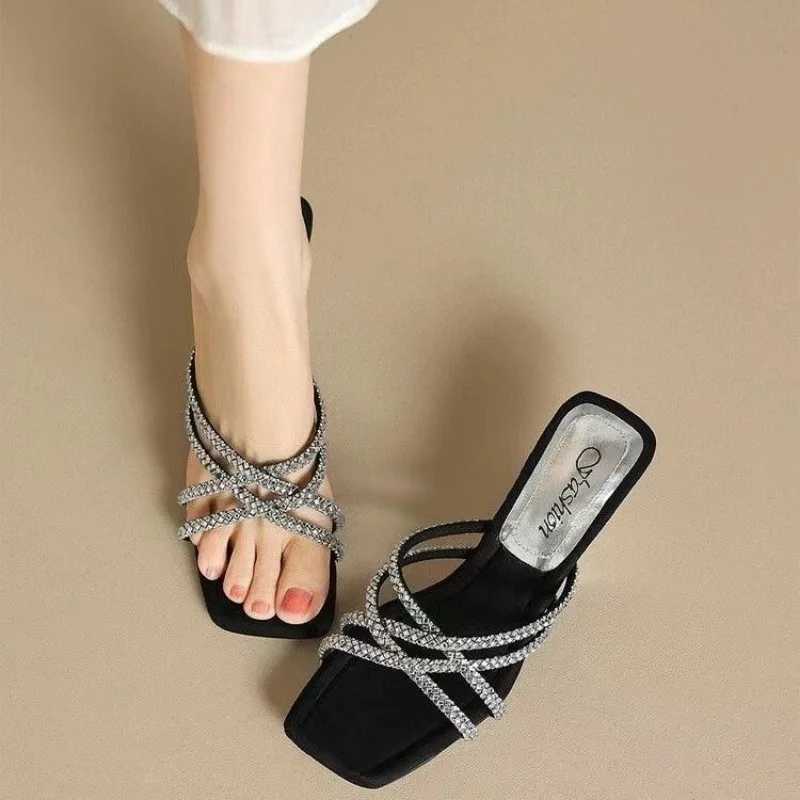 Rhinestone Wen Shoes hot 2025 New Korean Fashion Wens Leopard Print Fashionable Outer Wear High Heel Slippers Z250301