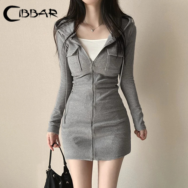 CIBBAR Zipup Skinny Knitted Dress with Hooded Korean Fashion Pocket Patchwork Causal Mini Dresses for Women y2k Streetwear Lady 250226 b9