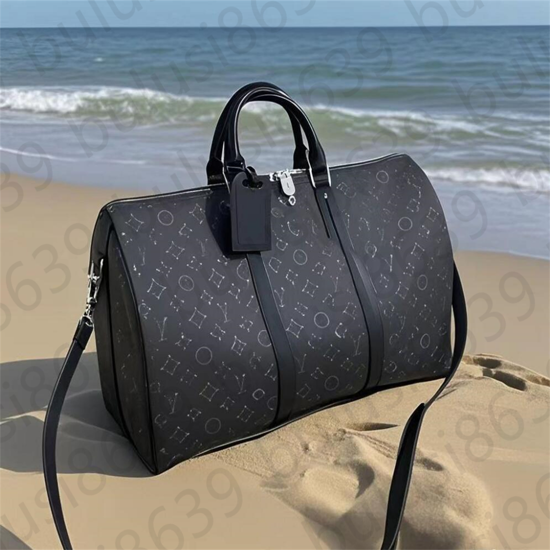 2025 Luxury brand outdoor travel bag plaid classic black letters luxury women&#039;s men&#039;s shoulder bag leather large capacity bag size 55cm-image-1046723673
