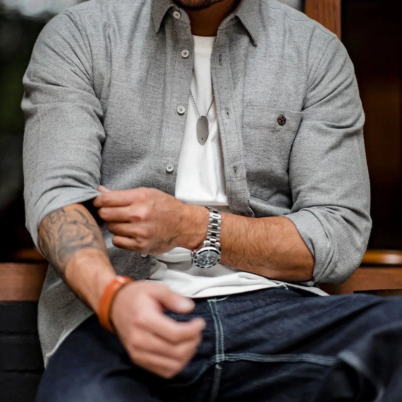 Maden 2023 Autumn Winter Casual Flannel Cotton Shirts Grey Business Longsleeved Plain Shirt Mens Social Formal Blouses 250214Z