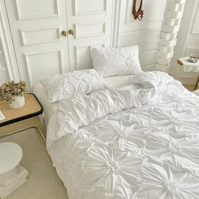 20 100% Cotton Pink Bedding Set Nordic Chic Duvet Cover Flat Sheet Pillowcase Soft Comforter Cover Bed Linen Boy Girl Home Textiles Y240732