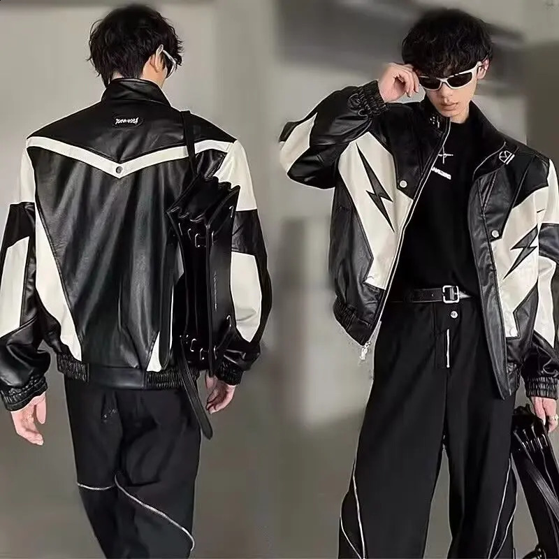 Y2k American Leather Jacket Hip Hop Mens Jacket Harajuku Fashion Pu Motorcycle Racing Set Hip Hop Trendy Jacket 250228
