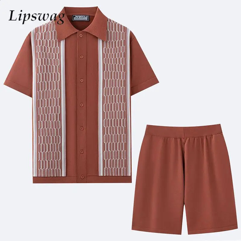 Summer Casual Knit Outfits For Men Fashion Button Patchwork Shirt And Shorts Mens Two Piece Suits Vintage Knitted Suits 250225
