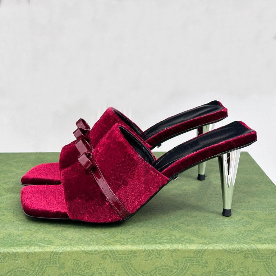 Spring and Summer 2025 New High Heel Mules Square Toe Open Toe Bow Velvet Women Sandals Luxury Designer Leather Sole Women dress Shoes Factory Footw
