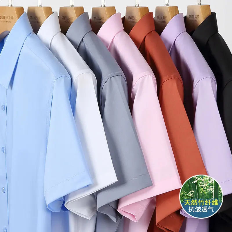Bamboo Fiber Stretch Men Shirt Fashion Casual Business Short-Sleeved Top Anti-Wrinkle No-Iron Solid Color Formal Shirt 6XL 250228