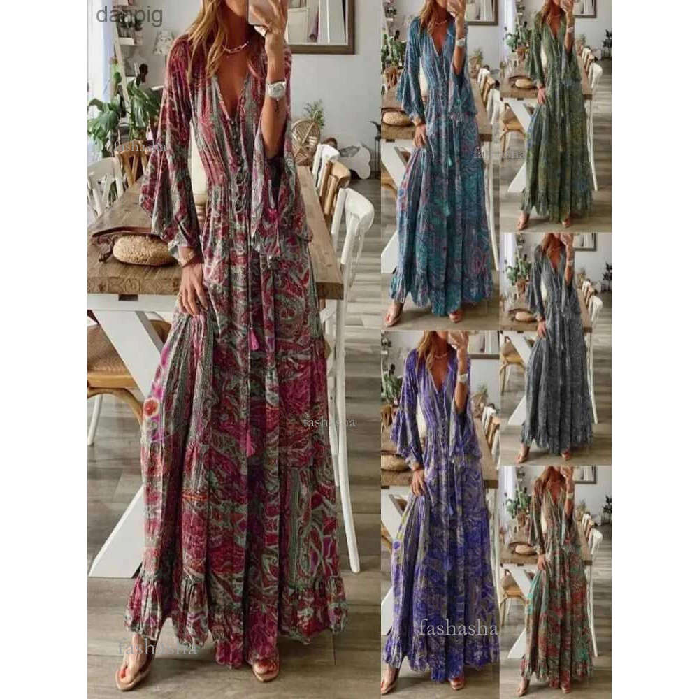 Dresses Urban Sexy November 23 2019 Bohemian Cross Bohemian Style Pleated Sleeve Printed V-Neck High Waisted Holiday Dress With Lace Suitable For Wo