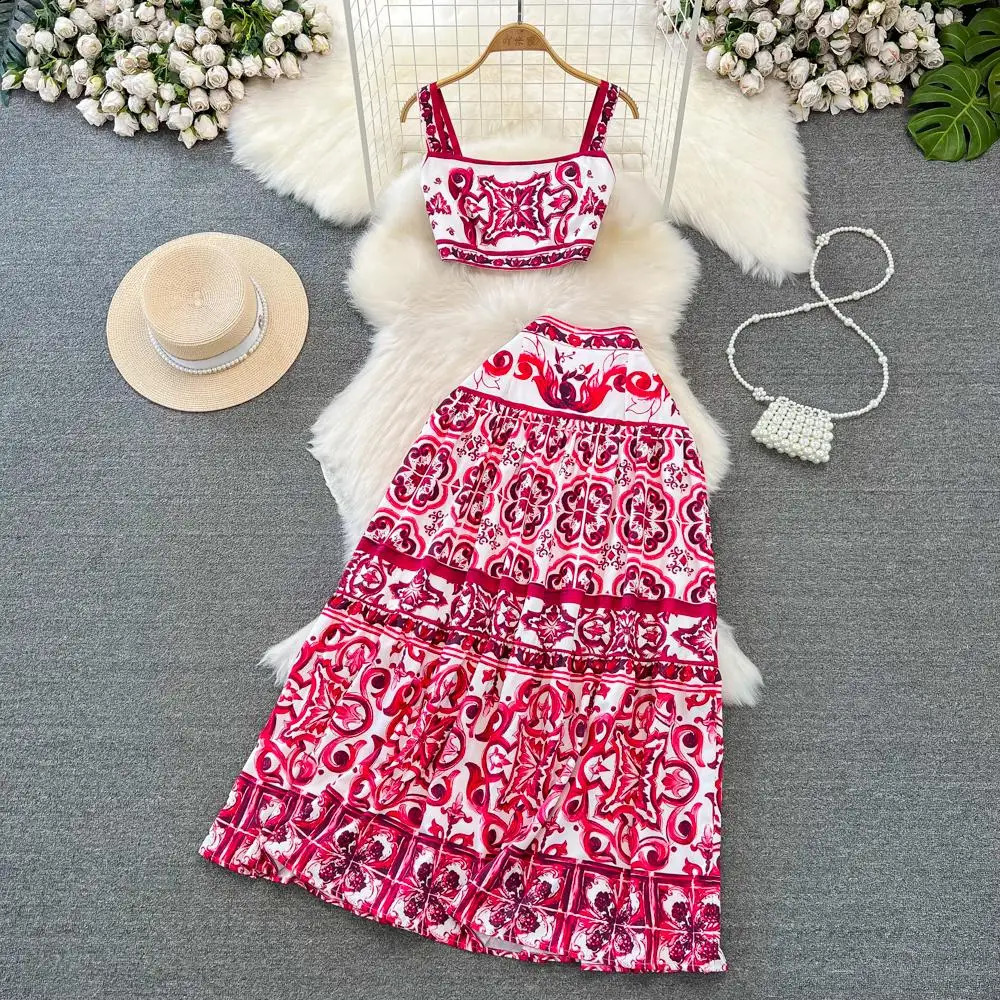 Summer Runway Holiday Red Blue and White Porcelain Print Two Piece Set Women Spaghetti Strap Short Tops Maxi Skirts Set Suit 250228