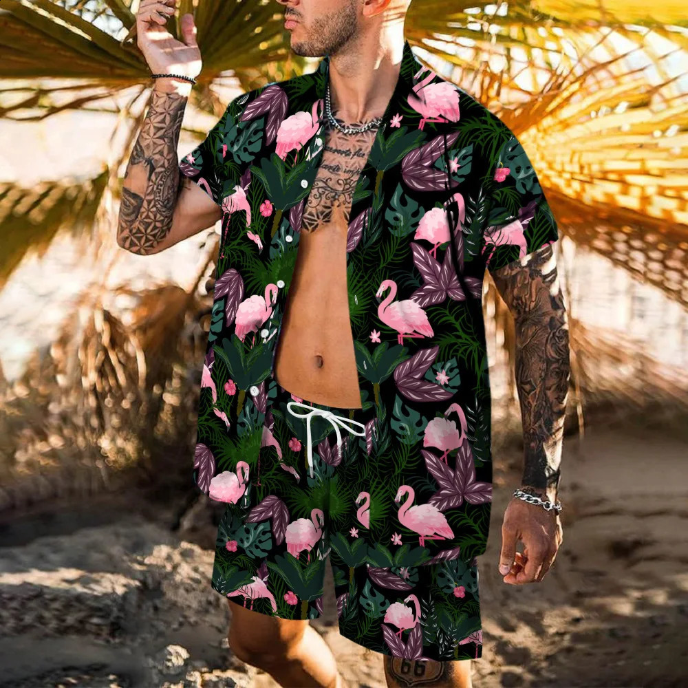Hawaii Beach Fashion Mens Shirt Set Flamingo 3D Printed Loose Short Sleeve Shorts Shirts 2Pcs Holiday Casual Mens Suits 250303