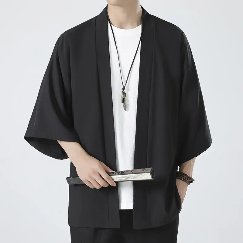Mens Kimono Shirt Traditional Japanese Style Clothing Male Open Front Cardigan 34 Sleeve Yukata Coat Haori Casual Beach Shirts 250303