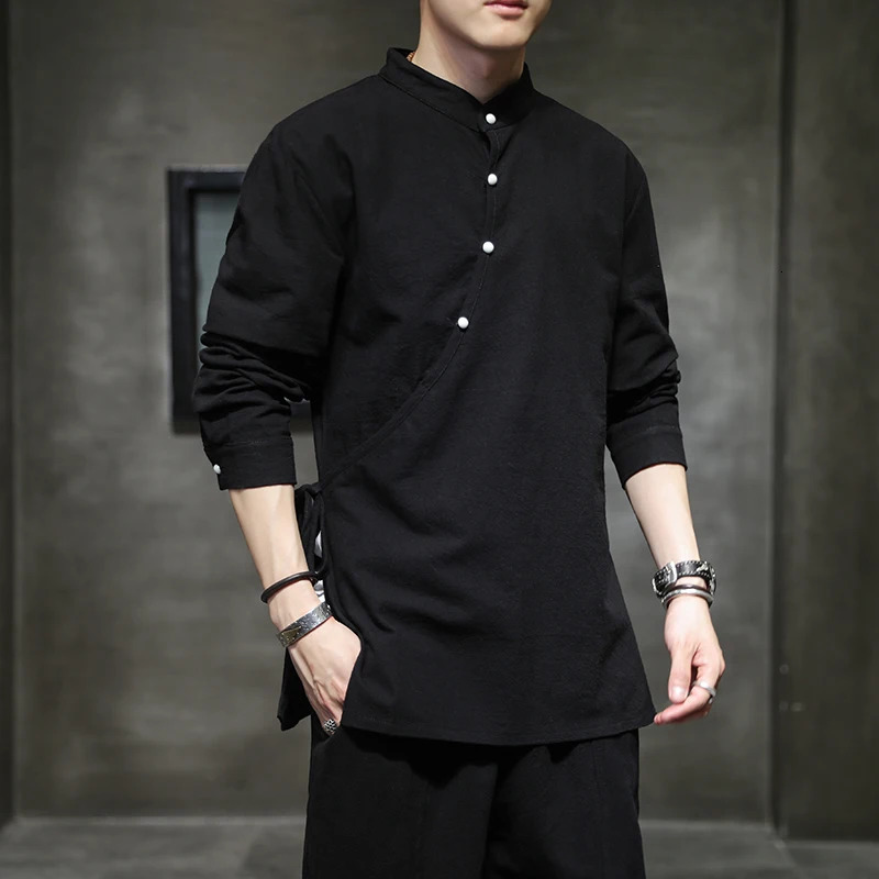 Mens Chinese Style Hemp Shirt Cotton Linen Tang Suit Hanfu Retro Stand-Up Collar Zen Clothes Harajuku tops Clothes Men Clothing 250303