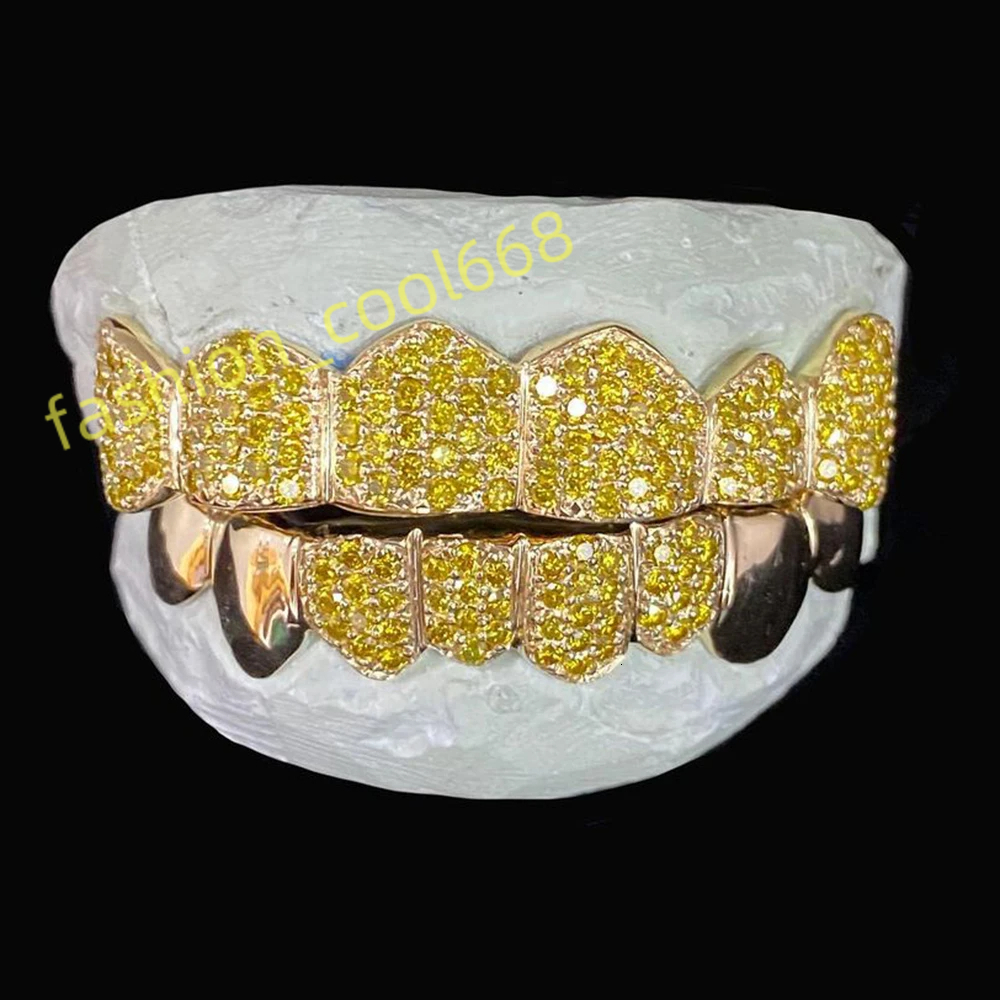 Luxury 14k Yellow Gold VVS Diamond Teeth Grillz Iced Out Vvs Moissanite Diamond Grillz Teeth Mens Hip Hop Custom Grillz for Men-image-1047243937