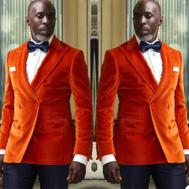 African Men Suits Slim Fit Double Breasted Peak Lapel Velvet Groom Tuxedos For Wedding Male Costume 2 Pcs (Jacket + Pants)