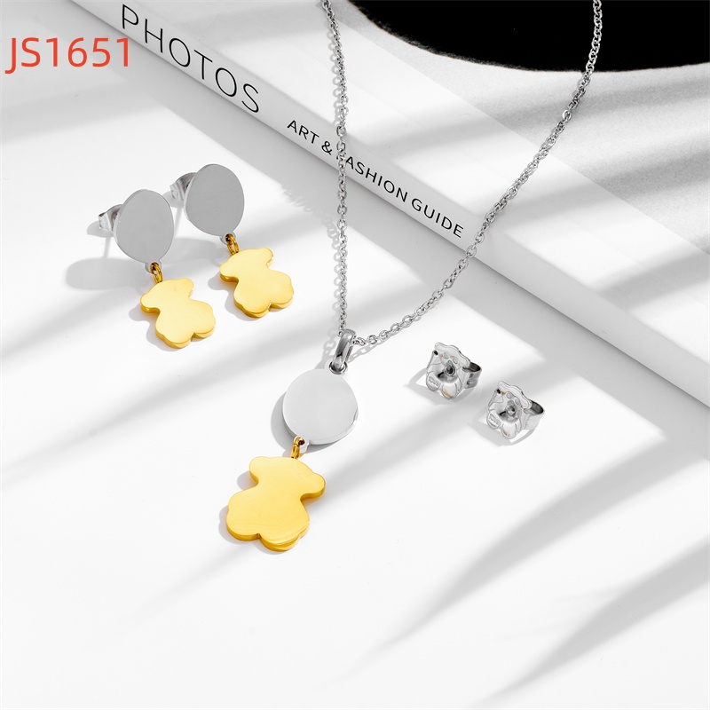 New Arrival Fashion Women Men Silver Gold Stainless Steel Bear Span Tree Love Letter Pendant Necklace Earrings Sets Jewelry-image-1046784277