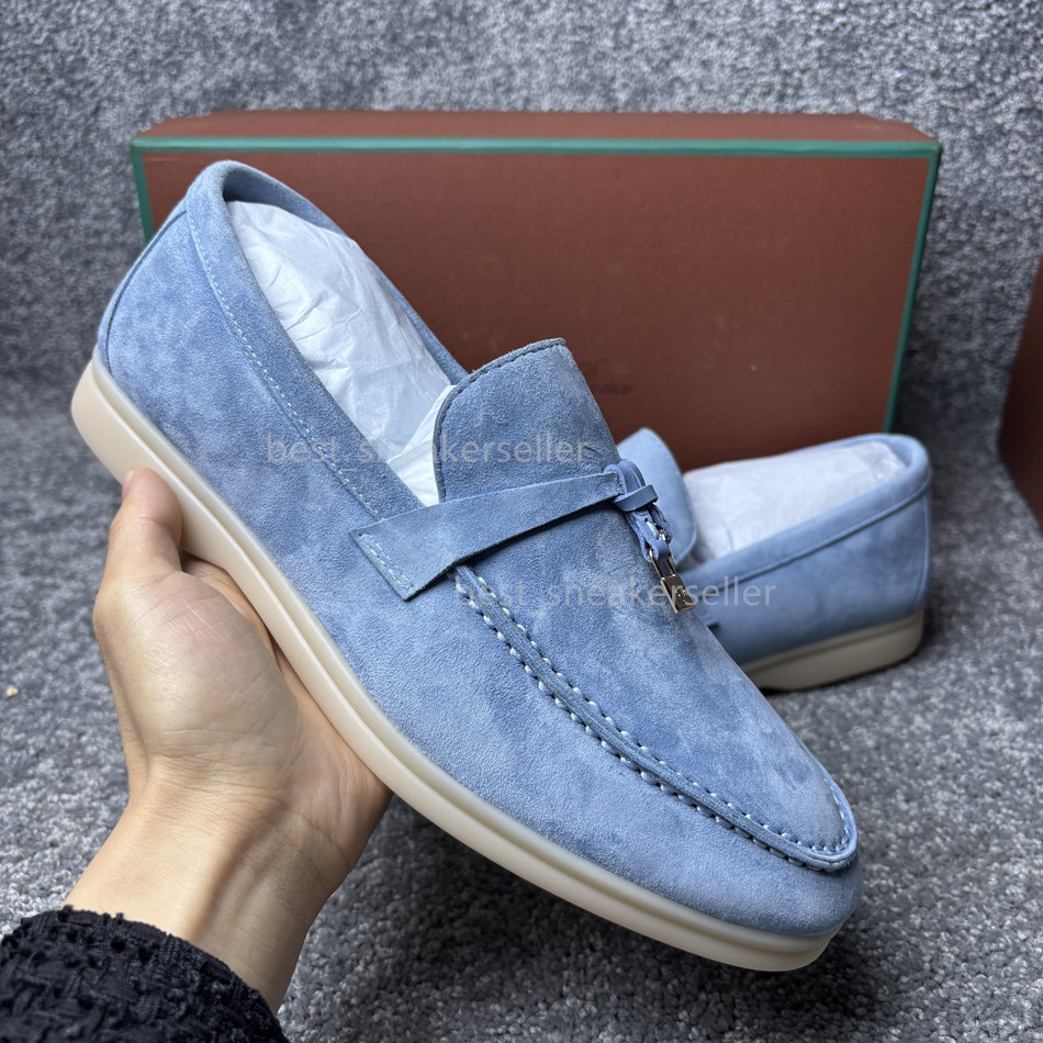 2025 Womens Summer Walk Charms Shoes L/ Suede Baby Blue Casual Shoes Half Slipper Slides Loafers Flat Dress Shoe Luxury Top Quality Sneakers Moccasi