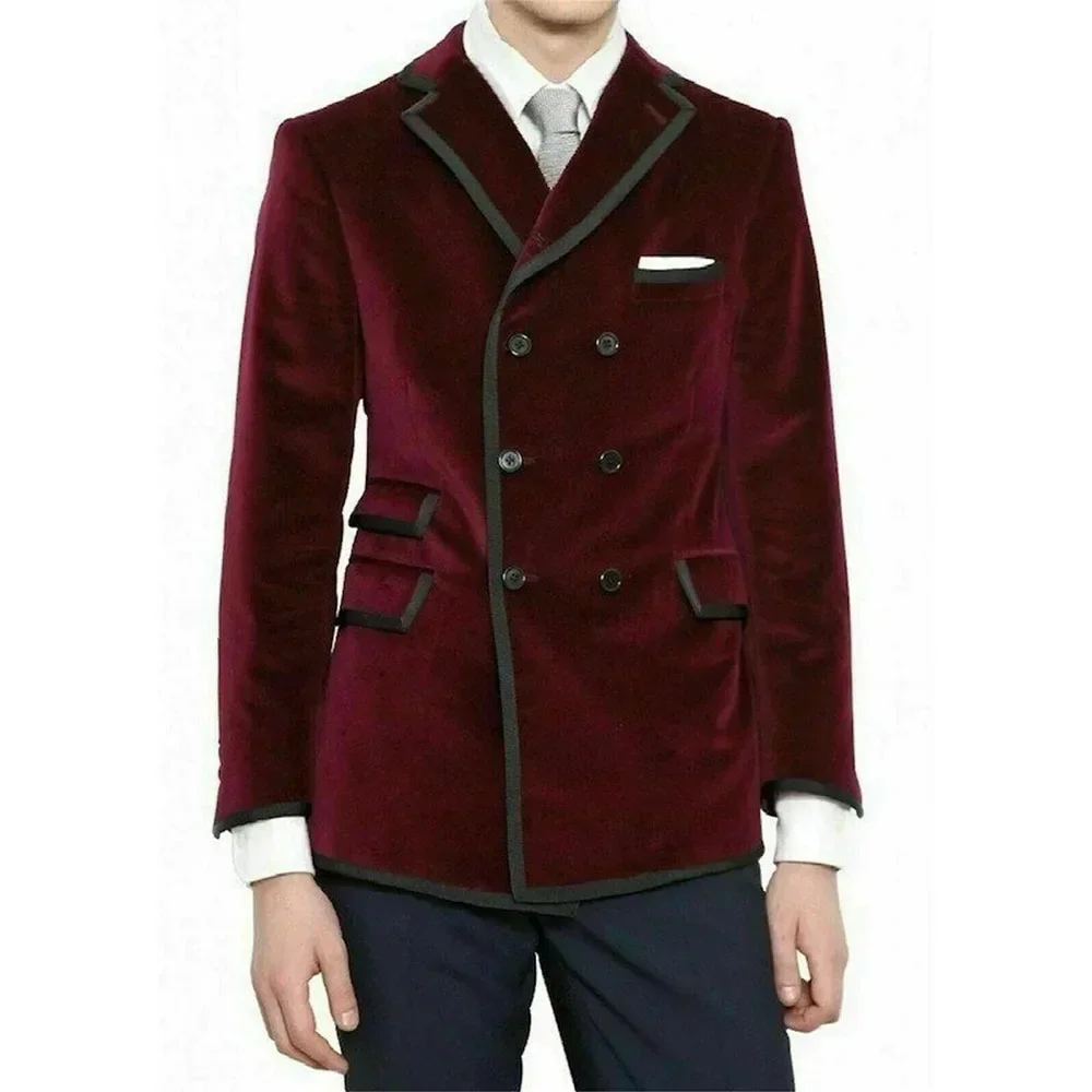Double Breasted Men Suits Slim Fit 2 Pcs Wedding Tuxedos For Groom Prom Fashion Velvet Smoking Blazer ( Jacket+Pants)