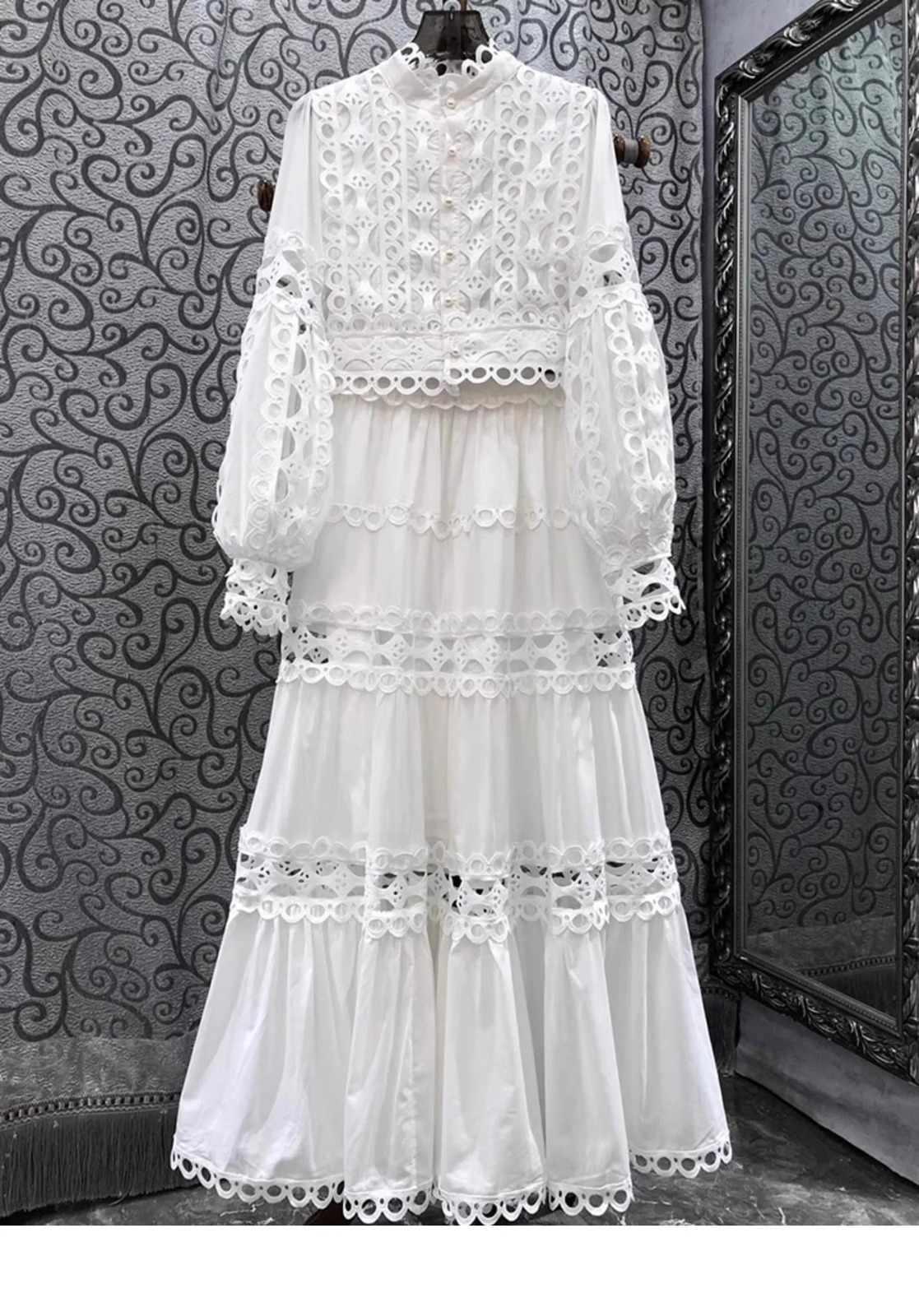 Elegant Long Maxi Dress 2 Piece Sets Women Spring Summer Holiday Embroidery Pearls Hollow Out Party Crop Tops Skirts Suits 250303