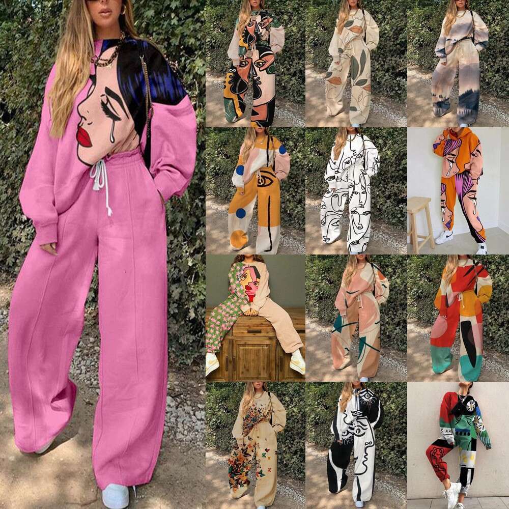 2025 Nouveau décontracté col rond ample imprimé édition de base ensemble à capuche pour femmes automne vent doux lavable montrer minceur longue p