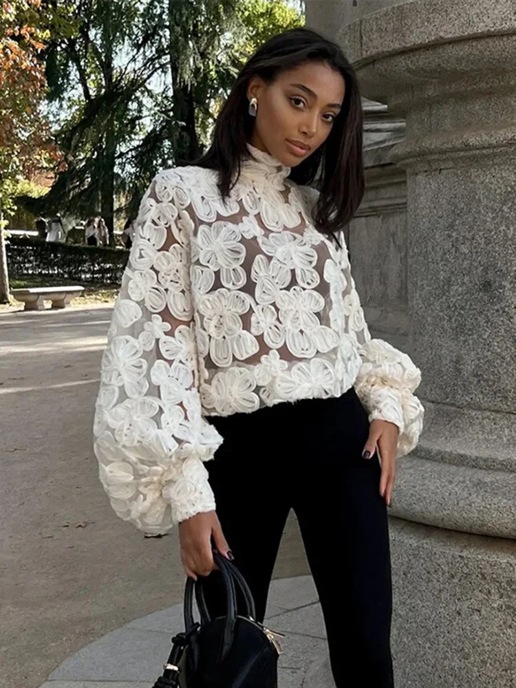 Sexy See Through Mesh Shirts Women Elegant 3D Flower Lantern Long Sleeve Patchwork Female Shirt 2025 Spring Fashion Lady Tops 250303