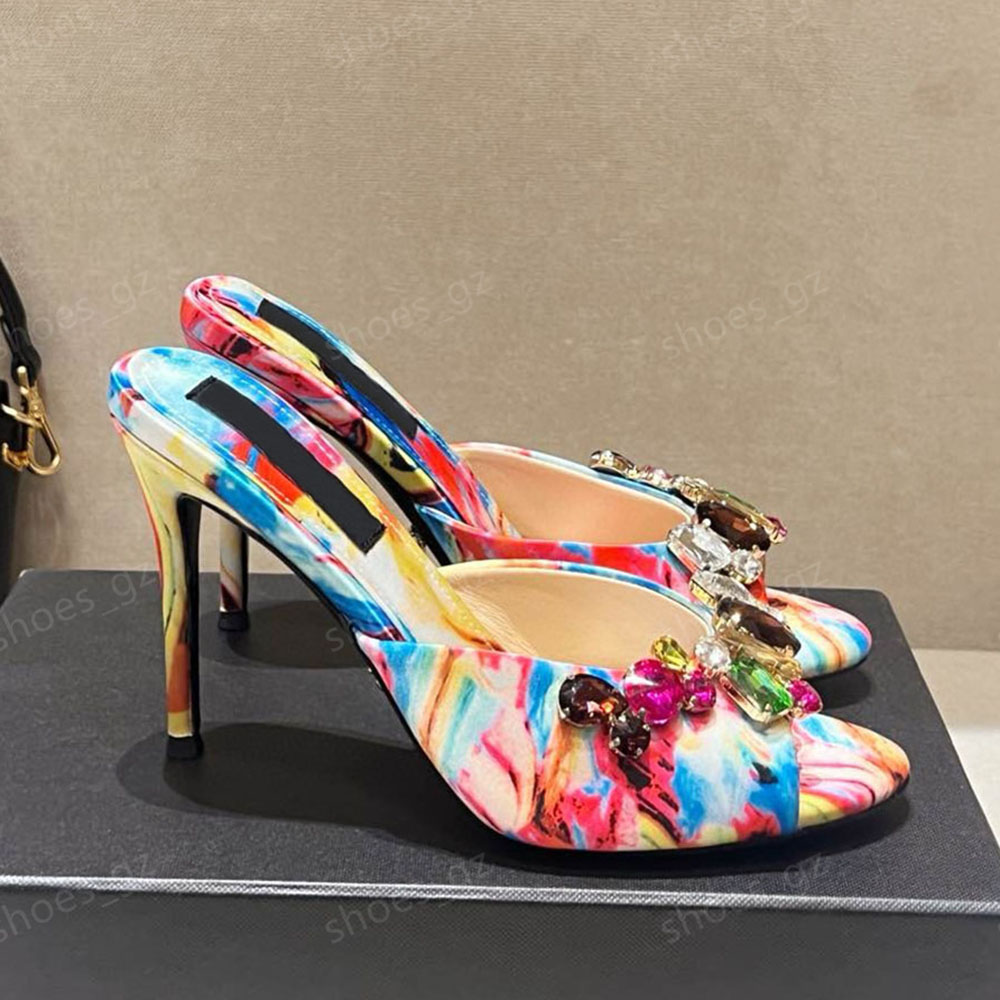 Summer Printed satin Stiletto Heel mules Slippers Round Toes Slip On top quality sandals Cut-Outs letter buckle Luxury Crystal women's Designer
