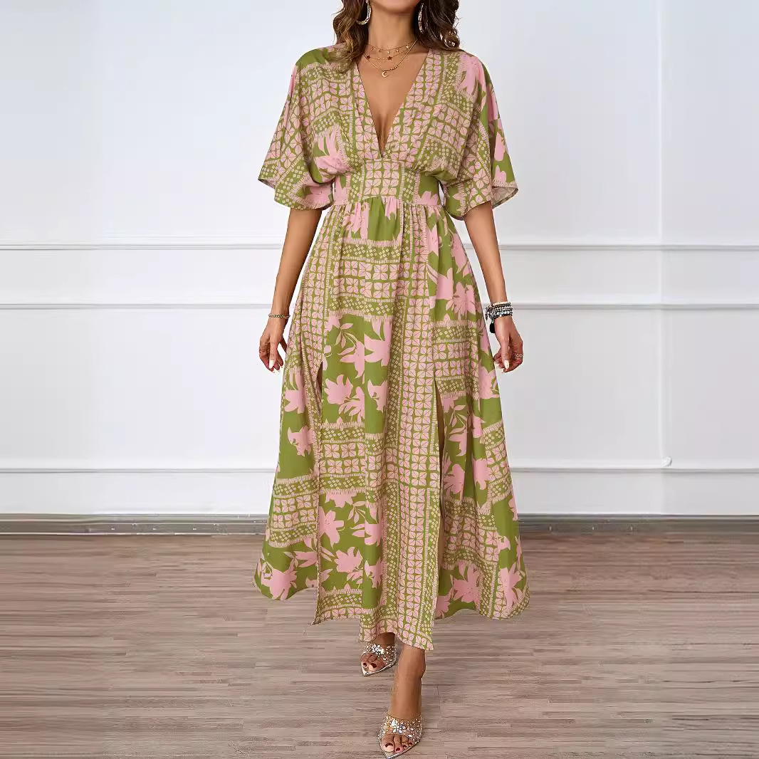 (514) Summer new sexy V-neck short-sleeved printed waist dress European and American women's clothing