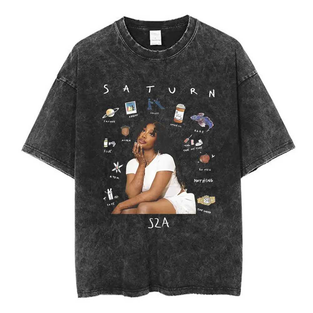 Shirts SZA 2024 Music Saturn Vintage Washed T Shirt Men Women Fashion Harajuku T-shirts Cotton Casual Oversized Short Sleeve T Shirts S2534