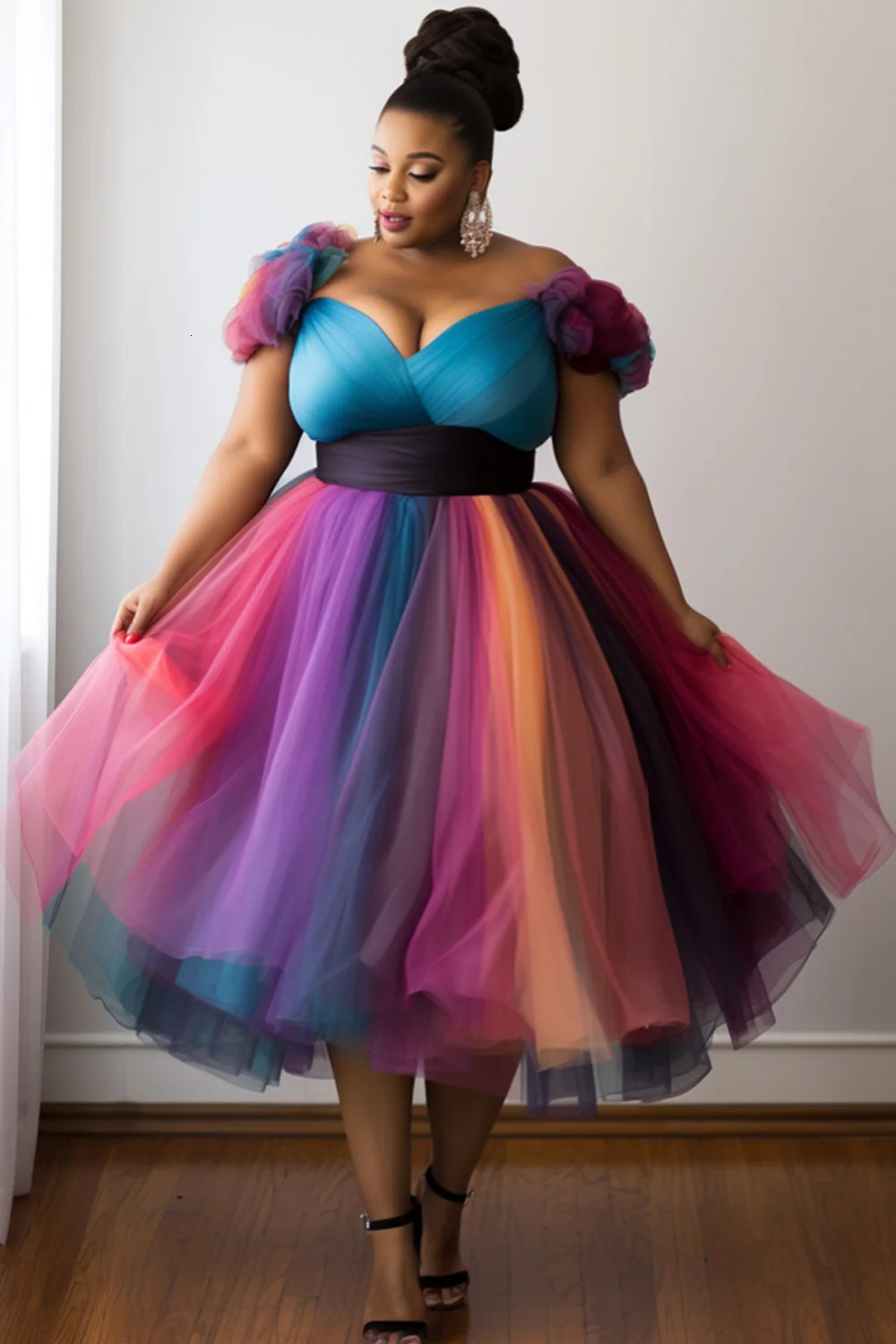 Women Casual Dress Pleated Aline Plus Size Prom Elegant Multicolor Gradient Spring Summer Wrap Neck Tulle Midi Dresses everyday Evening Cocktail Lad