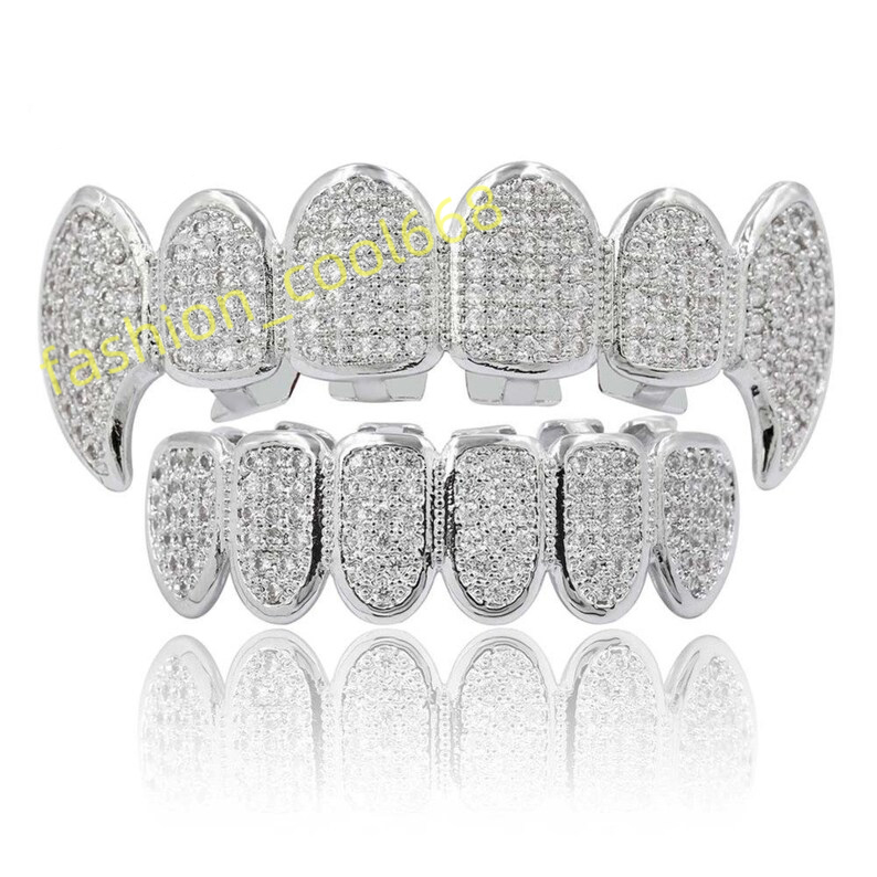 Fully Iced Out Vampire Fangs Moissanite Diamond Teeth Grillz 925 Sterling Silver Yellow Gold Plated Finished Mens Teeth Grillz-image-1047244320