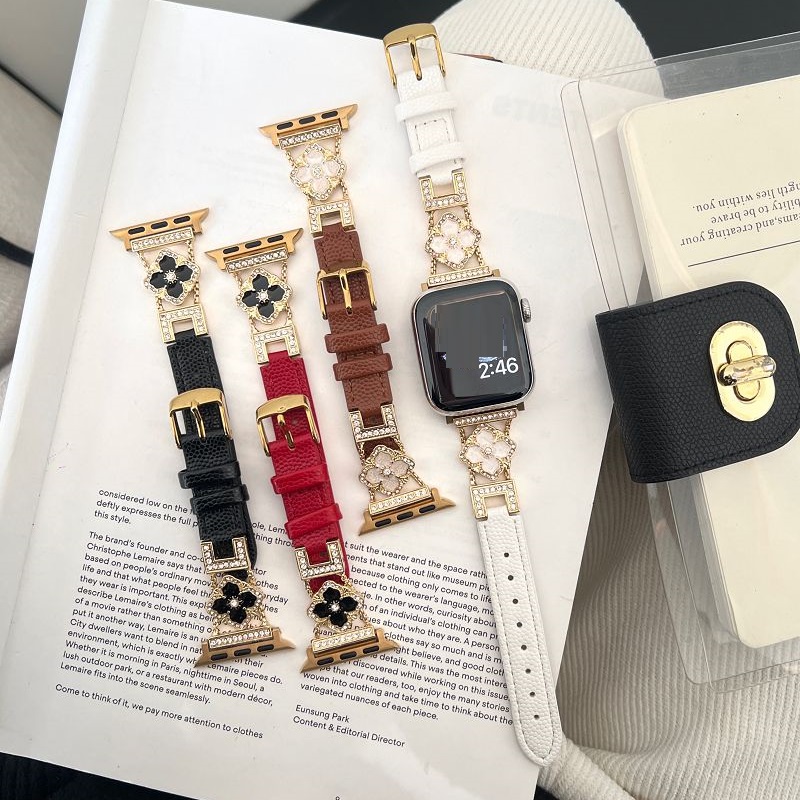 For Apple Watch Band Slim Leather Bands 40 42 38mm 41 44 45 46 49mm Bling Clover Leather Strap Wristband For Iwatch Series 10 9 8 7 6 5 4 3 2 1 SE U
