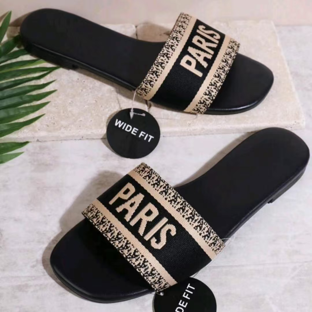 Designer Slides Women Sandals Summer Slippers Girls Beach Slide Mule Flat Sandal Black Beige Hook And Loop Fasteners Flat Flip Flops Floral broca-image-975393900