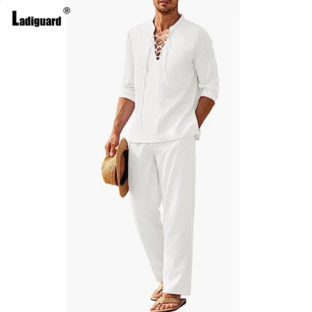 Plus Size Mens Casual Linen Two Piece Sets Europe Style Fashion Laceup Tops and White Pants Suit Male Basic Tracksuits Set 250305