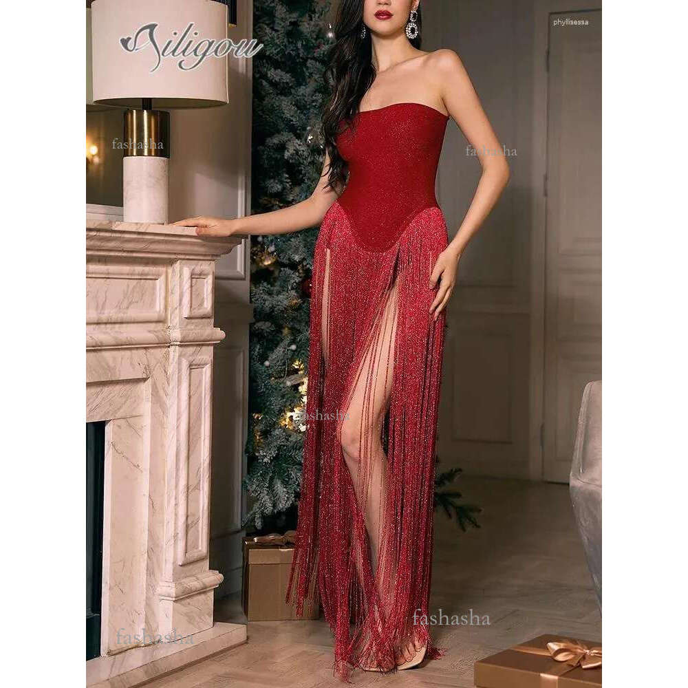 Dresses Ailigou Casual 2024 Summer Womens Sexy Strapless Tassel Red Tight Long Bandage Dress Elegant Celebrity