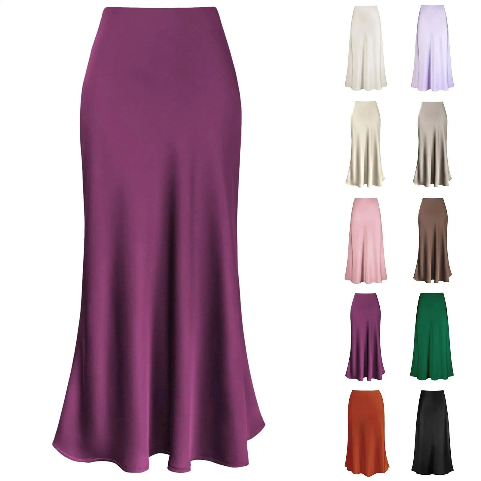 Elegant silk satin womens high waisted dress Korean fashion ALine Faldas solid color glossy office 250305