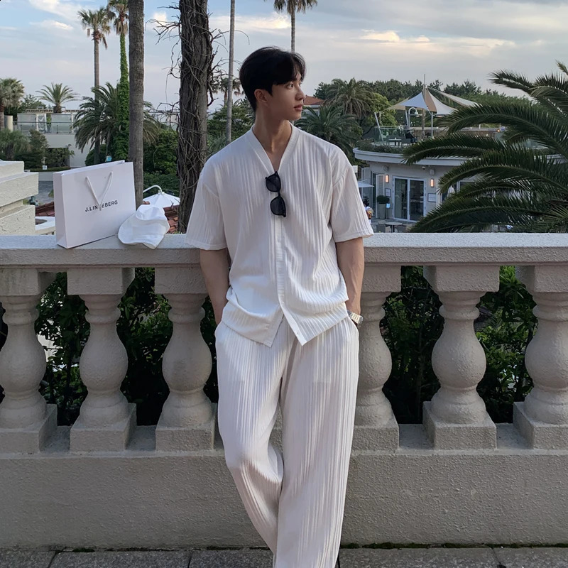 Summer Mens Loose Ice Silk Suits Fashion Casual Vneck Short Sleeve Tshirt And Pants Drape Twopiece Sets Men Clothes 250305