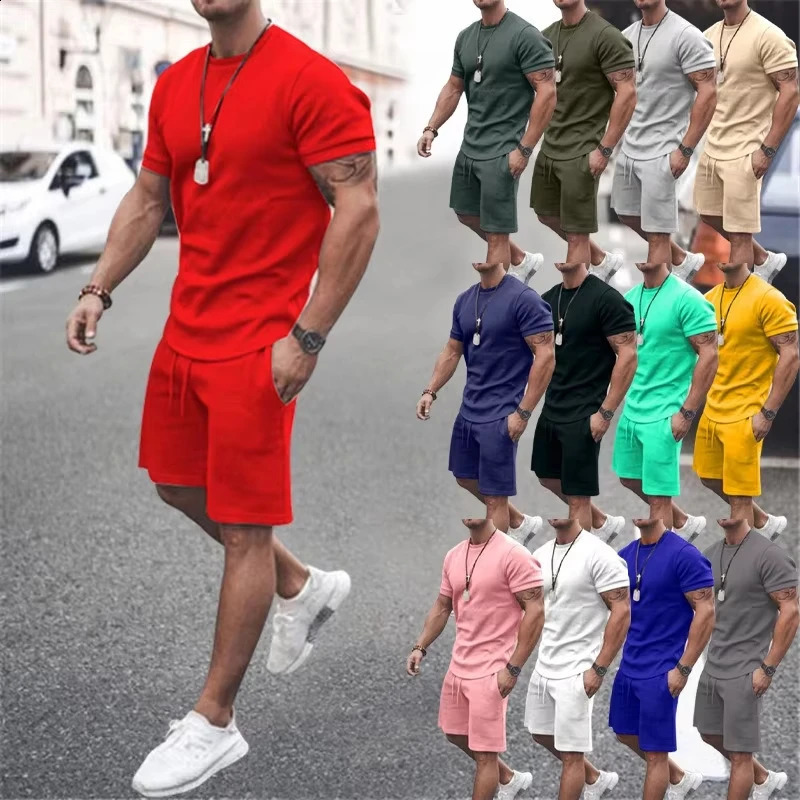 Solid Color Europe And The United States Mens 13 Summer Short Sleeve Tshirt Shorts 2pcs set Leisure Sports Men Suit 250305